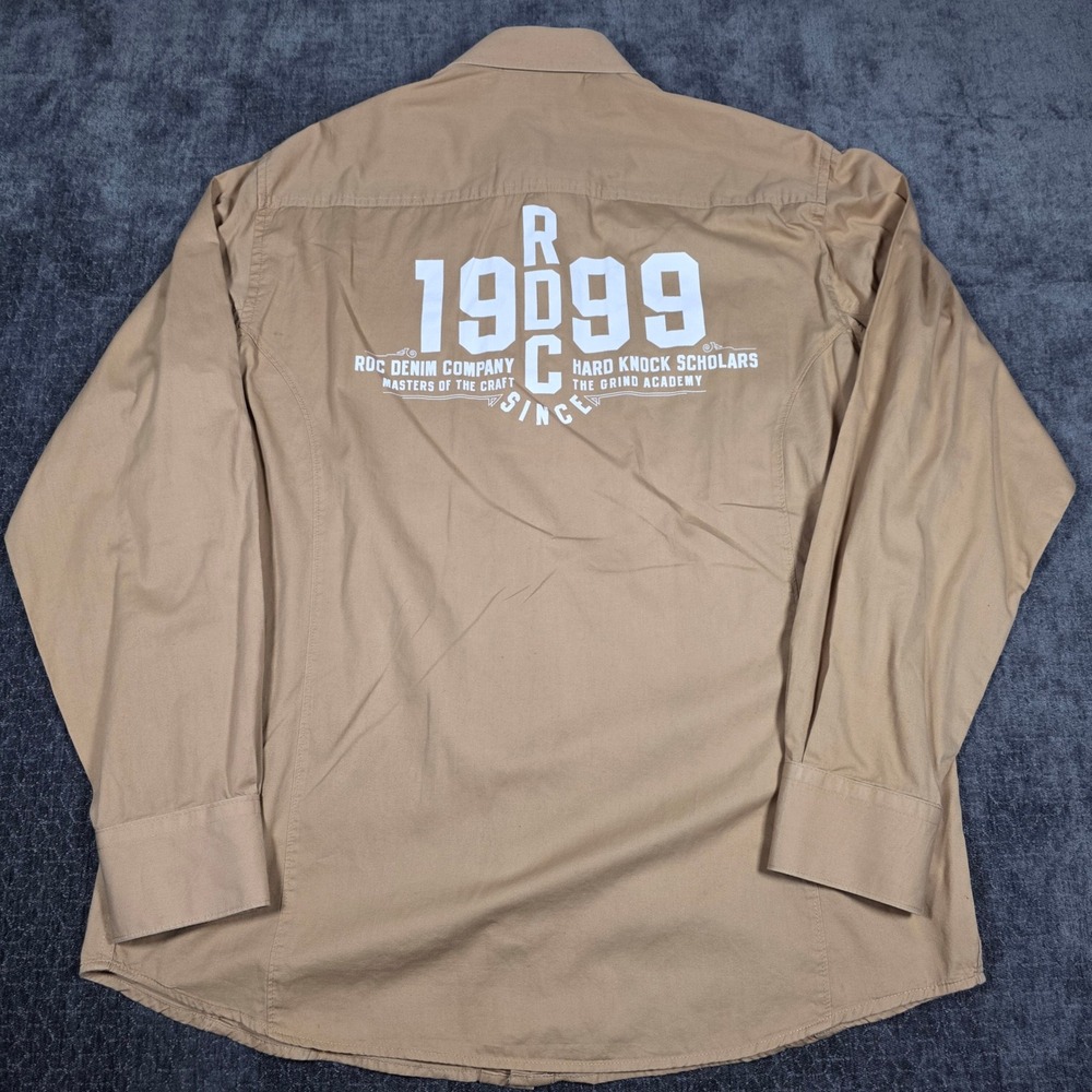Rocawear Mens XL Tan Khaki Button Up Shirt 1999 Hard Knock Scholars Rap Hip Hop